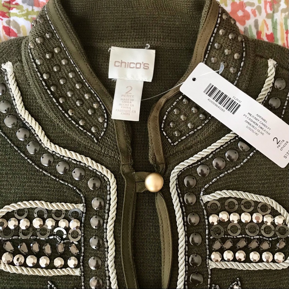 CHICO’S PETITE L 100% COTTON MILITARY STYLE EMBELLISHED CARDIGAN AMBERED OLIVE - Picture 9 of 9
